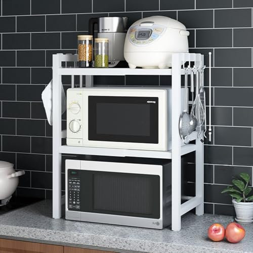 BELIFEGLORY Expandable Microwave Oven Rack, Kitchen Countertop Over Microwave Stand Shelf Unit, Kitchen Worktop Organiser for Air Fryer, Space Saving Standing Baker's Racks (White / 3-Tier)