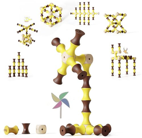 Edyfico TZJ201, Bausteine für Kinder, Montessori Spielzeug ab 2 Jahre (60 Teile), Schwenkbar Stacking Holzspielzeug, Lernspielzeug mit Canvas Bag, Ideal für Vorschulkinder Haus Schule Spaß