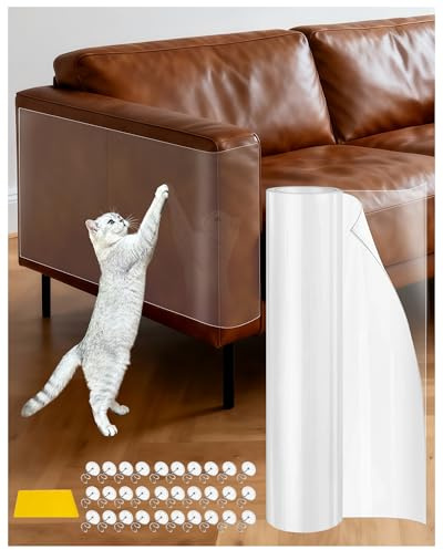 Cat Scratch Sofa Furniture Protector - 1 Roll Clear PET 43 x 300 cm | Strong Self-Adhesive Cut-to-Fit Film, with Scraper and 30 Optional Twist Pins, for Couch, Armchair, Door, Wall and Bed
