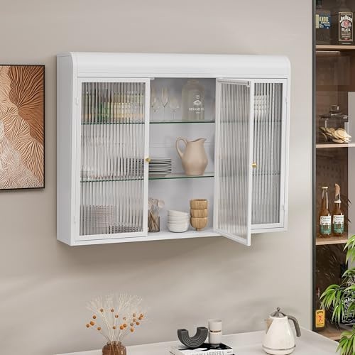 Ligterra Küchenhängeschränke Wandschrank mit 3-Türige aus Glas, Bogenförmige Hängevitrine, Hängeschrank Küche, Badschrank Sideboard für Küche, Wohnzimmer und Badezimmer(Weiß)