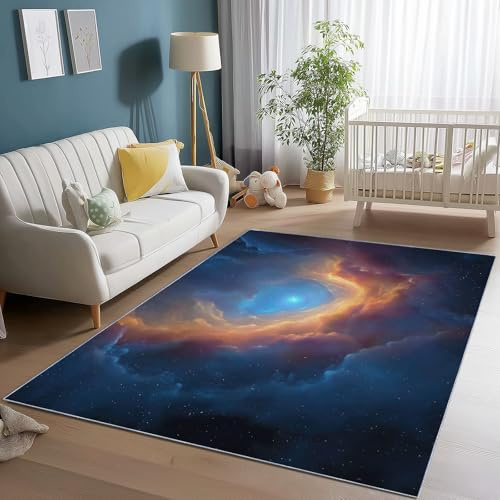 Bedruckter Teppich Wohnzimmer 60 x 90 cm Fantasy Weltraum Nebel Sterne Muster Rutschfester & Weich Teppich, Blau Waschbarer Anti-Flecken Fusselt Nicht Kurzflor Teppiche für Schlafzimmer Esszimmer Büro