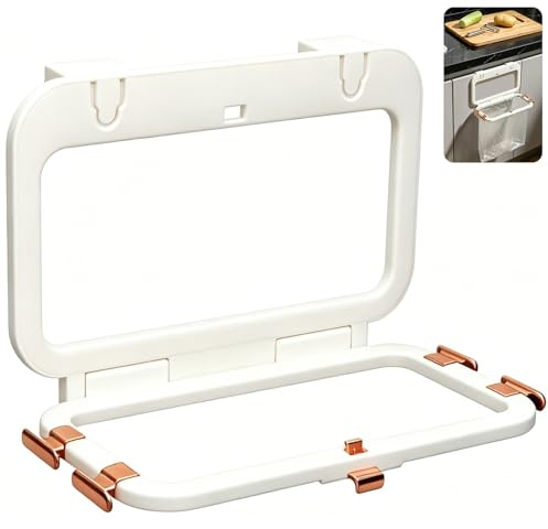 1 Stück Müllsackhalter Hängend Faltbar, Müllbeutelhalter Für Küchenschrank & Schranktür, Mülleimer Küche Ohne Bohren, Platzsparender Abfallsammler Halterung, ABS Creme Weiß
