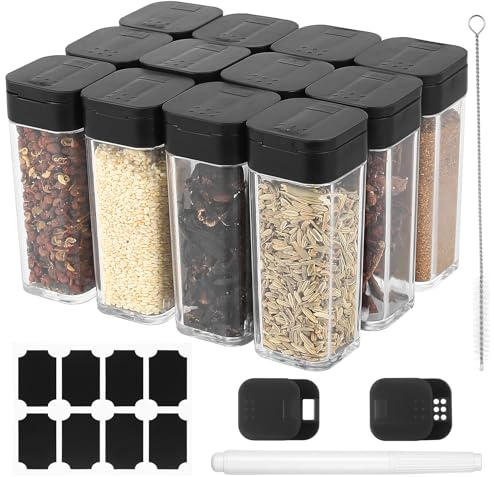 bayidun 12 Pots à Épices Plastiques 50ml à Clapet, Accessoires Inclus | Pot pratique avec couvercle à clapet. Convient pour conserver épices et herbes dans la cuisine.