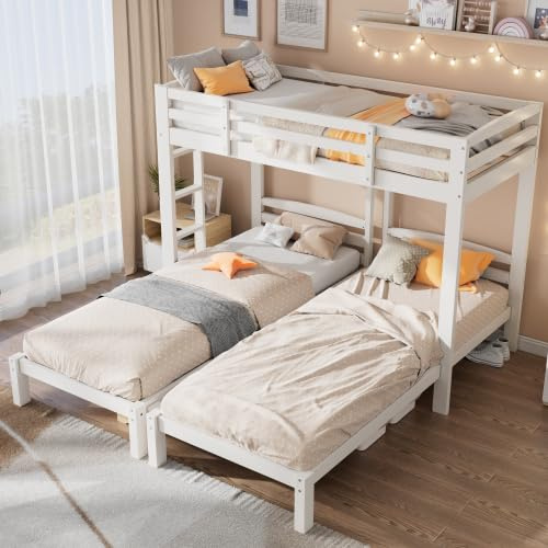 Merax Dreifaches Etagenbett, Kinderbett 90x200 cm mit Seitenleiter, Massivholz, Weiß, für 3 Personen, EN747 Zertifiziert