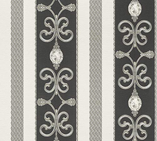 A.S. Création Tapete Concerto 3 mit Ornamenten barock gestreift 10,05 m x 0,53 m metallic schwarz Made in Germany 891334 8913-34
