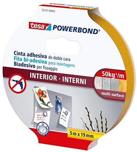 tesa Powerbond INDOOR - Nastro Biadesivo per Interni - Nastro adesivo resistente per il fissaggio di oggetti piatti - Tenuta fino a 5 kg per 10 cm di nastro - 5,0 m x 19 mm