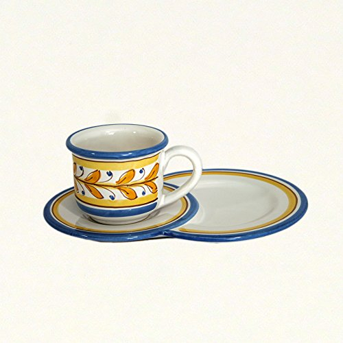 CEAR ceramiche - Tazza da Colazione con Piatto Vassoio Portabiscotti in Ceramica di Caltagirone, Realizzata e Decorata a Mano con Colori e Decorazioni Tipici della Sicilia