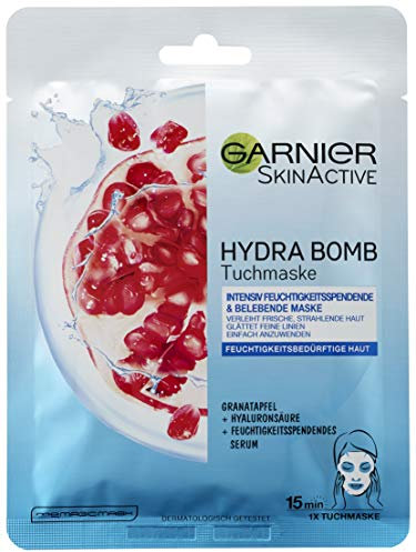 Garnier Tuchmaske, Gesichtsmaske mit Hyaluronsäure, Granatapfel & feuchtigkeitsspendendem Serum, Hydra Bomb, 5 Stück