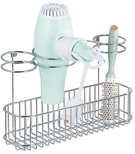mDesign Fönhalter zur Wandanbringung – Ideal zur Fön Aufbewahrung und Lockenstab Aufbewahrung – Wandregal aus Metall mit 4 Ringhalterungen und großer Ablagefläche – silberfarben