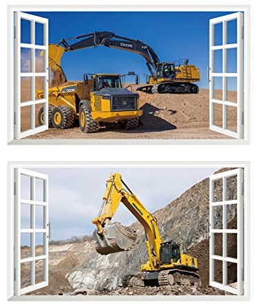 2Pcs Wandtattoo Bagger Gelb 3D Effekt XXL Wandaufkleber Fenster Selbstklebend für Junge Kinderzimmer Groß 1000mmx600mm
