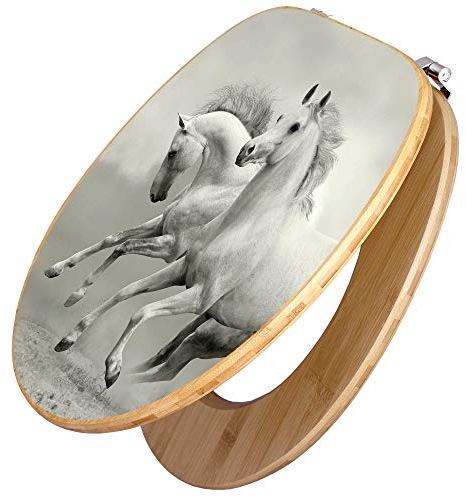 banjado® Design WC Sitz Bambus 44x38x5cm mit Motiv Wilde Pferde SW - Toilettendeckel/Toilettensitz Bambus - hochwertiger Bambus Klodeckel/WC-Sitz mit Universal Scharnieren für alle gängigen Toiletten