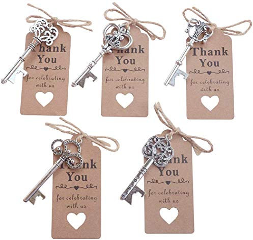 Yansanido 50 apribottiglie a forma di chiave a forma di scheletro, per matrimoni, bomboniere, souvenir, regalo con 100 etichette e corda di iuta (50 pezzi argento)