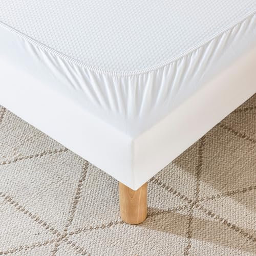 Cache-sommier 160x200 Blanc – 100% Coton Jersey Extensible – Doux, Résistant, Facile à Installer – Oeko-TEX – pour sommier de 15 à 30 cm
