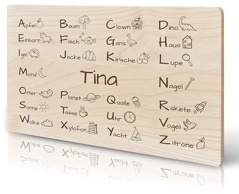 LOOXIS Personalisiertes Frühstücksbrettchen für Kinder mit Namen, Text & Alphabet-Motiv graviert – 26x15 cm, Ahornholz, Vesperbrett, Lernbrett – Geschenkidee Einschulung, Back to School – ABC