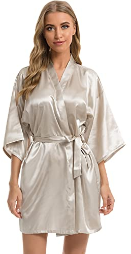 Vlazom Kimono Robe Damen Morgenmantel Kurzer Satin Bademantel Mit Gürtel V-Ausschnitt Kimono(S,Silberner Champagner)