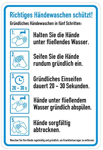 Hinweisschild Anleitung Aufkleber Richtiges Händewaschen schützt!, Folie selbstklebend, 135 x 200 mm Hygieneplan Handhygiene