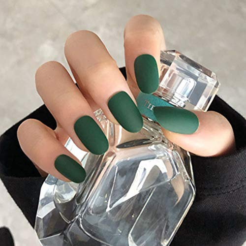 Flrora Oval Faux Ongles Mat Vert Presse Moyenne sur Ongles Artificielle Acrylique Pleine Couverture Faux Ongles pour Femmes et Filles (24 pièces)