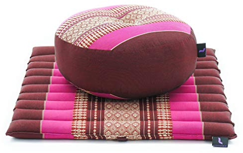 Leewadee Meditationsset Yogaset aus Meditationskissen Zafu und Kleiner rollbarer Sitzmatte Zabuton Ökologisches Naturprodukt, Kapok, Rotbraun Pink