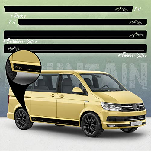 Auto-Dress Seiten-Streifen Aufkleber Set/Dekor passend für VW T4, T5 & T6 Bus - Motiv: Mountain Silhouette Original (111M Black Matt, Langer Radstand)