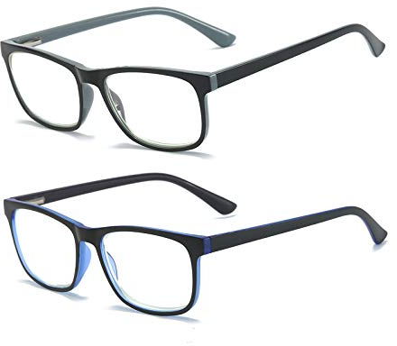 MMOWW Confezione da 2 Occhiali da Lettura Donna Uomo, Anti Luce Blu Rettangolari Occhiali con Cerniere a Molla (Grigio + Blu Scuro, +1.0)