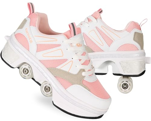 Mädchen und Kinder Rollschuhe Schuhe mit Rollen Verstellbar Quad Kick Roller Skates for Women 2 in 1 Inline-Skates Deformation Sneakers für Anfänger,Rosa-42EU