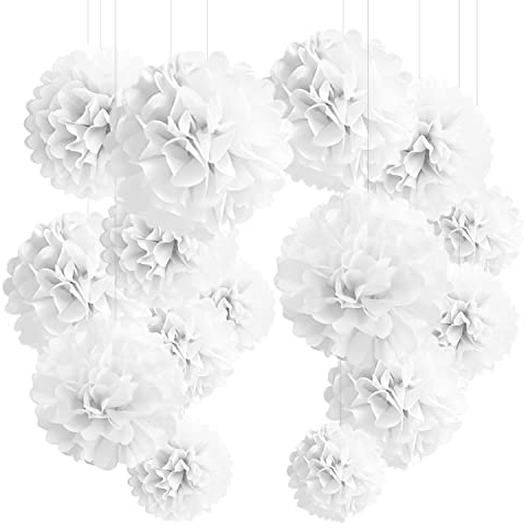 YBwanli 24er Pompons Deko Weiß, Hochzeitsdeko, Einschulung Deko,Seidenpapier Pompoms,Taufe Konfirmation Deko, Kommunion Dekoration für Geburtstag, Hochzeit,Valentinstag(Weiß)