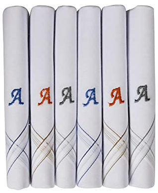 Caruso Italy Men's Initial Monogram A Embroidery 100% Pure Cotton Handkerchief White Base With Colored Border - Pack Of 6