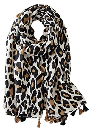LumiSyne Schal Für Damen Mode Leopard Animal Print Klassisches Vintage Schal Baumwolle Leinen Mit Fransen/Quaste Langer Warme Halstücher Sonnencreme Stola Ganzjährig