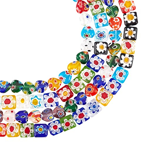 OLYCRAFT 192 pièces Millefiori Perles de Verre au Chalumeau 4 brins Perles de Verre Faites à la Main Carré Coeur Couleur Glaçure Perles 0.5mm Trou pour la Fabrication de Bijoux 8x8x3mm