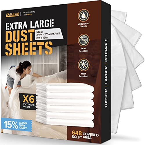 RAULDE 6 Pack 17 Microns Extra Large Plastic Dust Sheets for Decorating & Painting- 3.6x3m (12x10ft) - Polythene Sheeting for Furniture & Floor Protection