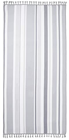 Dreamscene Toalla de natación a Rayas con Borde de borlas, Piscina, natación, Adultos, niños, Cuerda, Vacaciones, Viajes, Camping, baño, 71 x 152 cm, Gris carbón