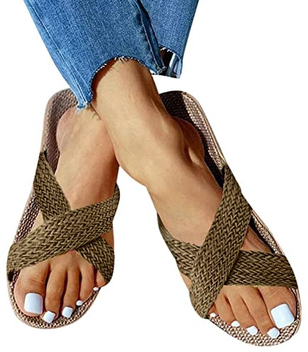 Dasongff Tong Plates Simple Jaune en Paille Femme Été Bande Croisée Sandales Corde Femme Été Nu Pied Femmes Plage Piscine Élégant Espadrilles Tong Sandale Ado Fille Bout Ouvert Slip-on Mode
