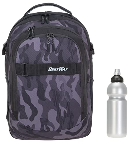 Bestway 2 Teile Set Schulrucksack Packer Jungen Mädchen Rucksack Schultasche 40177 + Trinkflasche (Black Camouflage 0117)