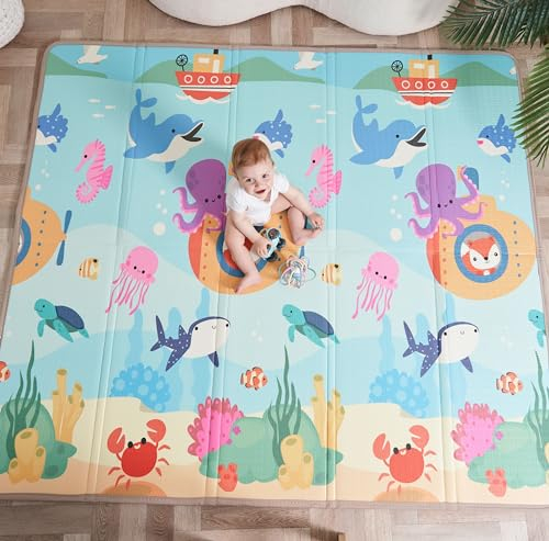 Tapis D'éveil Bébé Pliable Epais Réversible 180x200x1.5cm- Tapis De Jeu Pour Enfant Bebe - Tapis De Sol XXL En Mousse - Tapis De Motricité Favorisant Le Développement Sensoriel - Cadeau Naissance Bébé