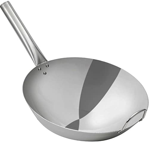 ECOLEK Wok de Hierro Hecho a Mano Tradicional Wok de Martillo Real Wok de Acero al Carbono Tradicional Pow Wok con Mango Auxiliar de Madera y Acero, Fondo Redondo (28cm)