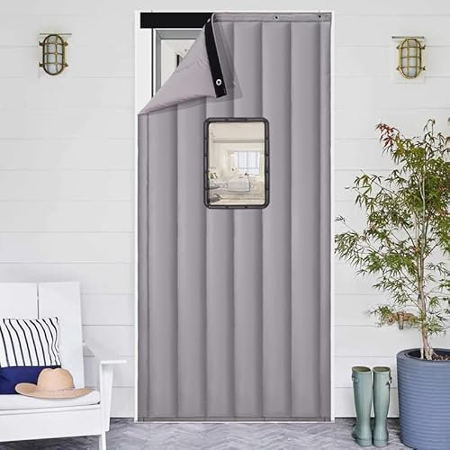 LIVEINU Wärmeschutzvorhang Für Tür Ohne Bohren Thermo Türvorhang Isolier Schutz Panel-Isolierung mit Klettband Thermovorhang Verdunklungsgardine Wasserdicht 90x210cm Grau mit Fenster