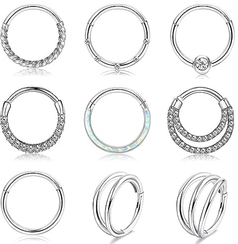 FIOROYAL 9 Stück 16G Nasenpiercing Ring Daith Ohrringe Septum Helix Tragus Conch Chirurgenstahl Hypoallergen CZ Opal Clicker Lippen Hoop Ohr Piercing Ring 8MM/10MM B