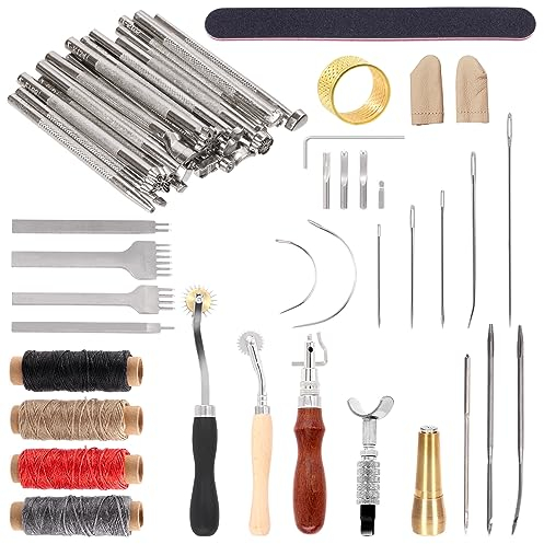 Swpeet 53 herramientas de cuero, kit de cuero con herramientas de estampación de cuero, cuchillo giratorio, ruedas de trazamiento, agujas de coser de cuero, herramienta ajustable 7 en 1, cinceles