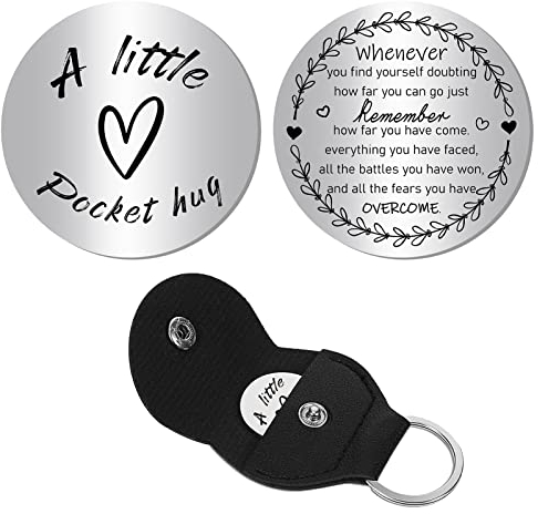 CREATCABIN A Little Pocket Hug Token Herz Fernbeziehung Andenken Schlüsselanhänger Edelstahl Doppelseitig Mit PU-Leder Schlüsselanhänger Geschenk Für Familie Freunde Frauen Tochter Sohn Silber 3cm
