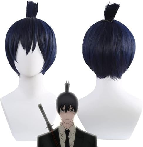 Rcrllya Anime Chainsaw Man Cosplay Wigs for Hayakawa Aki Wig Blue-black Short Hair Wigs for Halloween Party Costume Carnival+Wig Cap