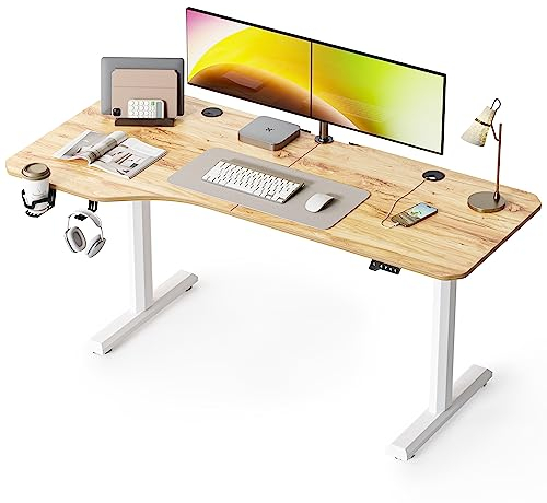 FEZIBO L-förmiges Schreibtisch Höhenverstellbar Elektrisch, 160cm Höhenverstellbarer Stehtisch, Home Office mit Spleißbrett, Weißer Rahmen/Hellbraun Tischplatte