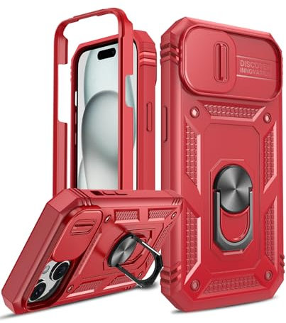 LeYi for iPhone 15 Plus Case with Camera Cover Slider(Not include Screen Protector), Front Frame+Back Case, Full Body Armour Military Grade Shockproof Phone Cover | Ring Stand Holder Red
