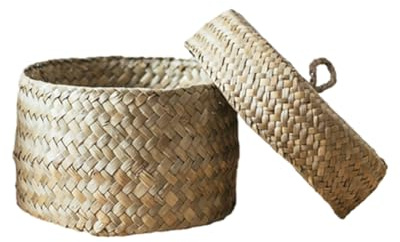 Anloximt Kleine runde Seegras-Aufbewahrungskörbe zylinderförmige gewebte Regalkörbe kleine Seegras-Körbe mit Deckel Seegras-Behälter-Box Organizer-Hülle für Speisekammer Regale Schränke
