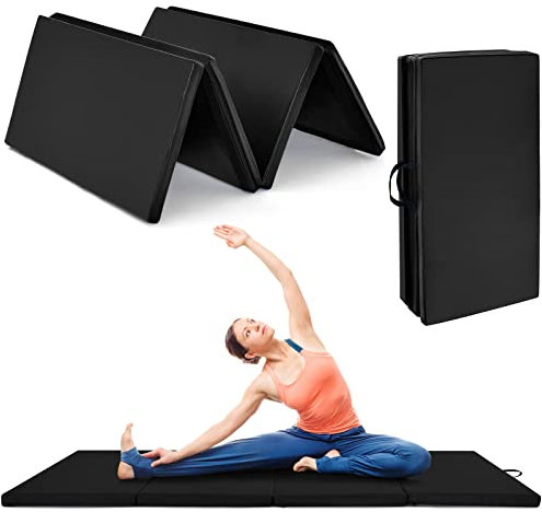 GYMAX Tapis de Gymnastique Pliable Épais 240x116x5cm, Combinaisonable avec Attaches Auto-Agrippante, Portable avec Poignée de Transport, pour Fitness, Exercice, Yoga, Étirement, Pilate (Noir)