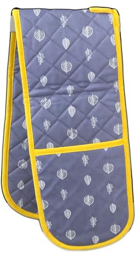 Double Oven Glove Grey Leaf Cotton Yellow Trim Heat Resistant Kitchen Mitts Gift
