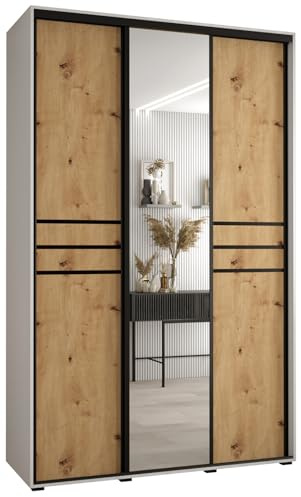 MEBLE KRYSPOL Davos 11 160 Schrank mit DREI Schiebetüren für Schlafzimmer - Moderner Schrank mit Spiegel, Kleiderstange und Regalen - 235,2x160x60 cm - Weiß Artisan Schwarz