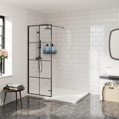 Aquariss 800mm Walkin Shower Enclosure 8mm Easy Clean Black Grid Glass Shower Screen Panel - Matte Black Framed