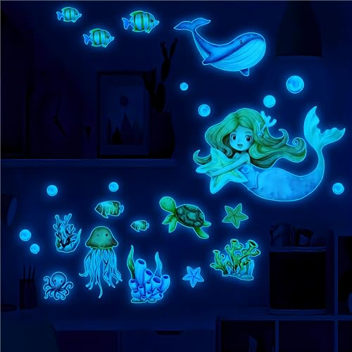 Meerjungfrau Wandtattoo Kinderzimmer Leuchtend, Meerestiere Wandtattoo Leuchtend, Fluoreszierend Wandaufkleber Meereswelt Wale Leuchtaufkleber Enfant et Fille Bleu