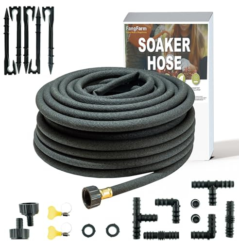 FangFarm 50FT Soaker Hose Kit, 1/2 Rubber Drip Irrigation Hose