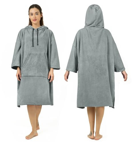 Zingtto Surf Poncho Wickelmantel, 3/4-Ärmel, extra groß, dick, Kapuzenpullover, Handtuch für Männer und Frauen, Strand, Schwimmen, 99,1 x 83,8 cm, Grau